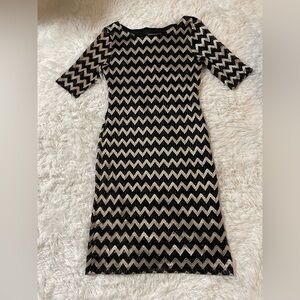 Connected Apparel Dress Gold Black 60s Chevron Zig Zag Metallic Midi Womens 6